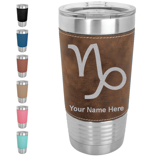 20oz Faux Leather Tumbler Mug, Zodiac Sign Capricorn, Personalized Engraving Included