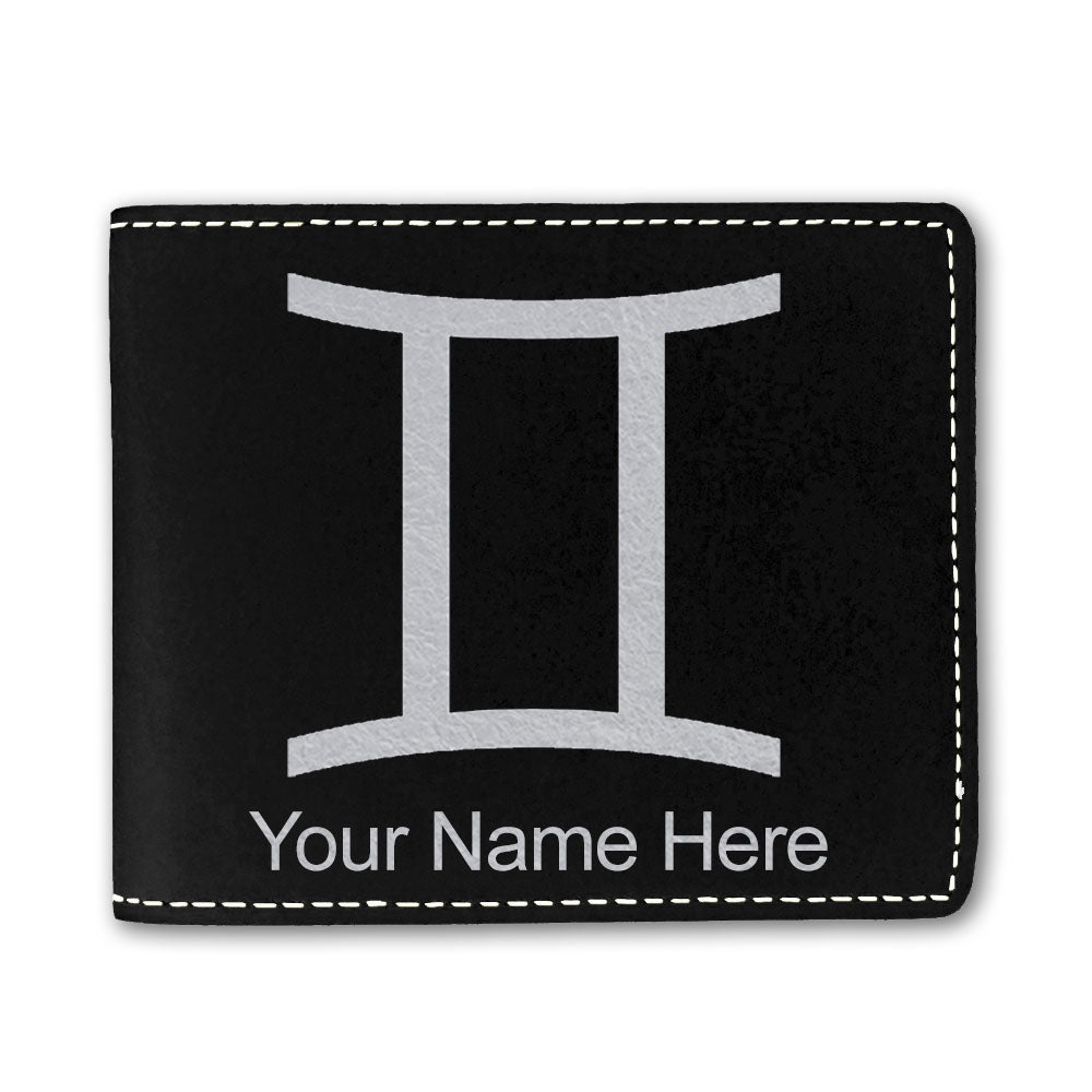 Faux Leather Bi-Fold Wallet, Zodiac Sign Gemini, Personalized Engraving Included