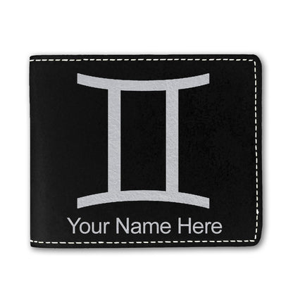 Faux Leather Bi-Fold Wallet, Zodiac Sign Gemini, Personalized Engraving Included