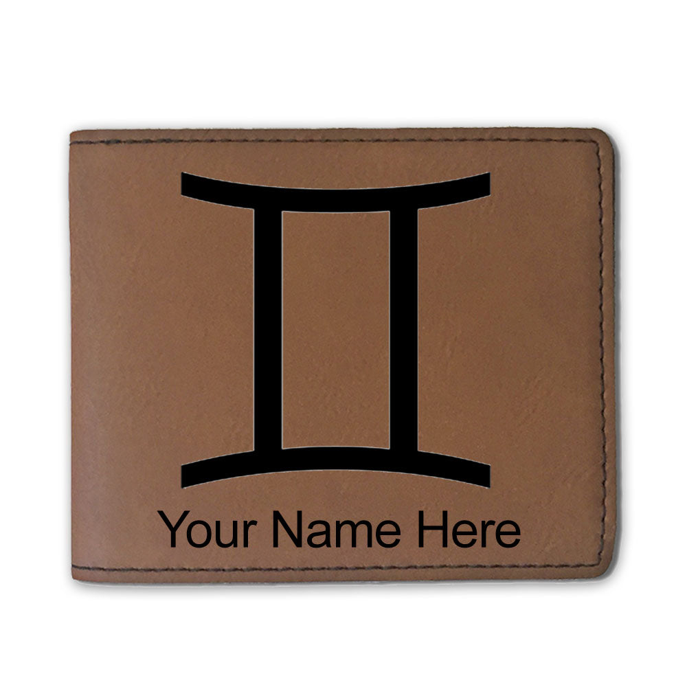 Faux Leather Bi-Fold Wallet, Zodiac Sign Gemini, Personalized Engraving Included