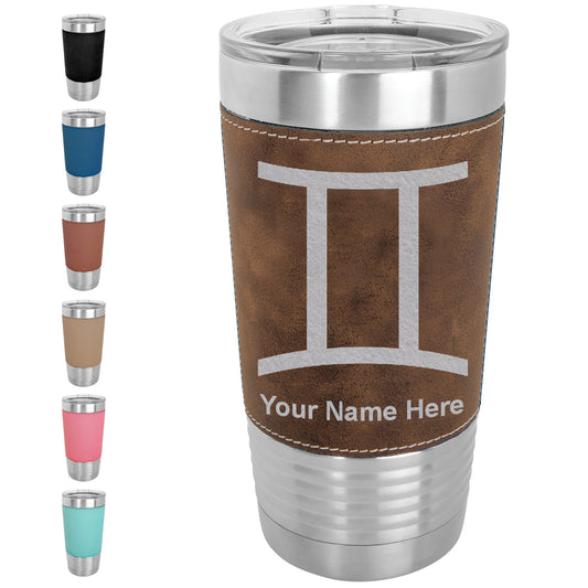 20oz Faux Leather Tumbler Mug, Zodiac Sign Gemini, Personalized Engraving Included