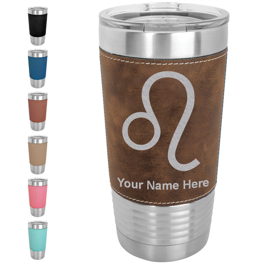 20oz Faux Leather Tumbler Mug, Zodiac Sign Leo, Personalized Engraving Included