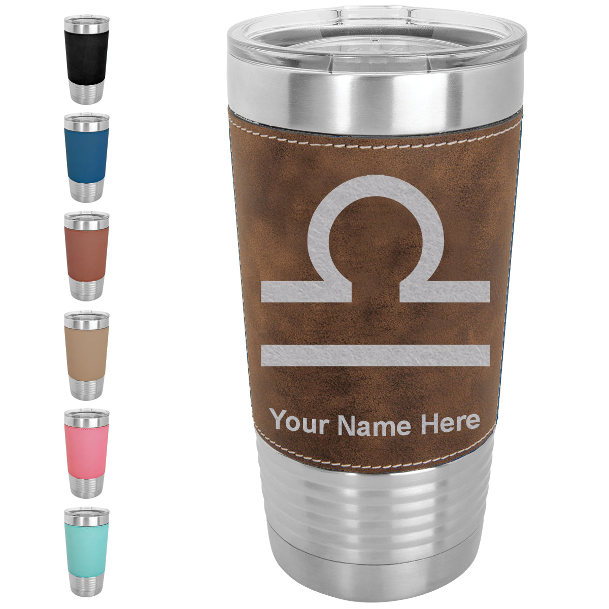 20oz Faux Leather Tumbler Mug, Zodiac Sign Libra, Personalized Engraving Included