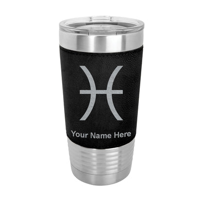 20oz Faux Leather Tumbler Mug, Zodiac Sign Pisces, Personalized Engraving Included