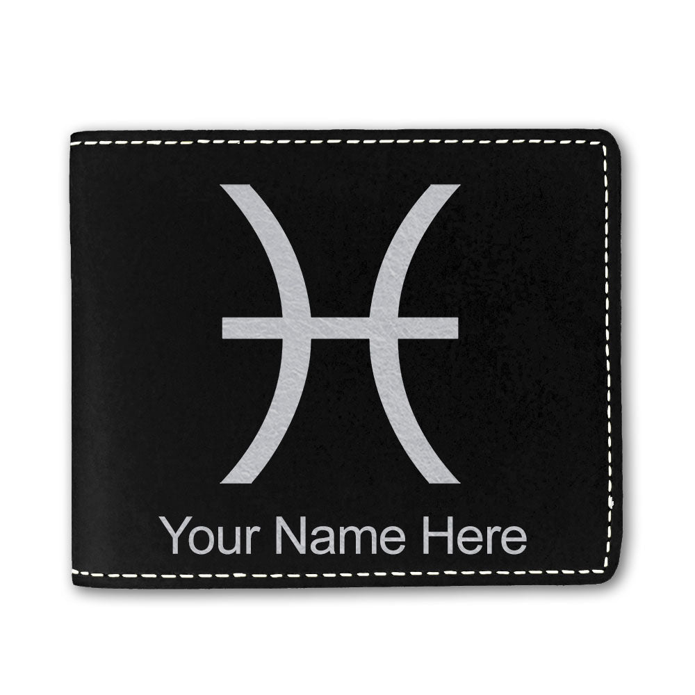 Faux Leather Bi-Fold Wallet, Zodiac Sign Pisces, Personalized Engraving Included