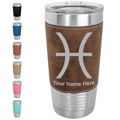 20oz Faux Leather Tumbler Mug, Zodiac Sign Pisces, Personalized Engraving Included