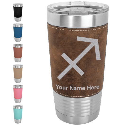 20oz Faux Leather Tumbler Mug, Zodiac Sign Sagittarius, Personalized Engraving Included