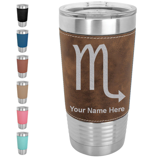 20oz Faux Leather Tumbler Mug, Zodiac Sign Scorpio, Personalized Engraving Included