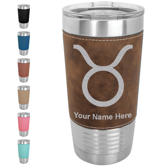 20oz Faux Leather Tumbler Mug, Zodiac Sign Taurus, Personalized Engraving Included