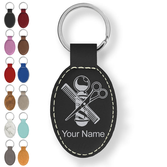 Faux Leather Oval Keychain, Barber Shop Pole, Personalized Engraving Included